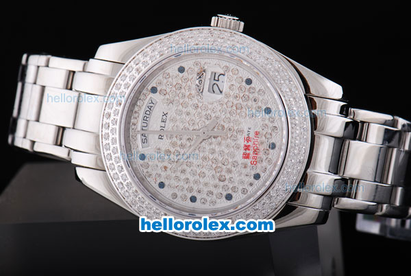 Rolex Day-Date Oyster Perpetual Automatic Full Diamond Bezel and Dial,Blue Round Bead Marking and Big Calendar - Click Image to Close
